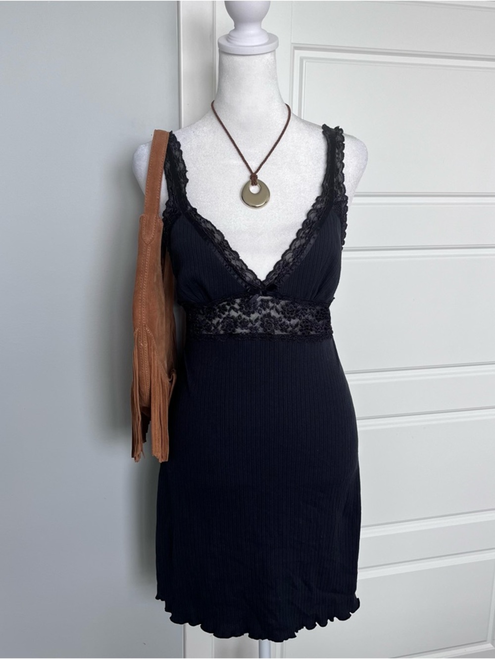 Vanity Fair Black Ribbed Lace-Edged Slip